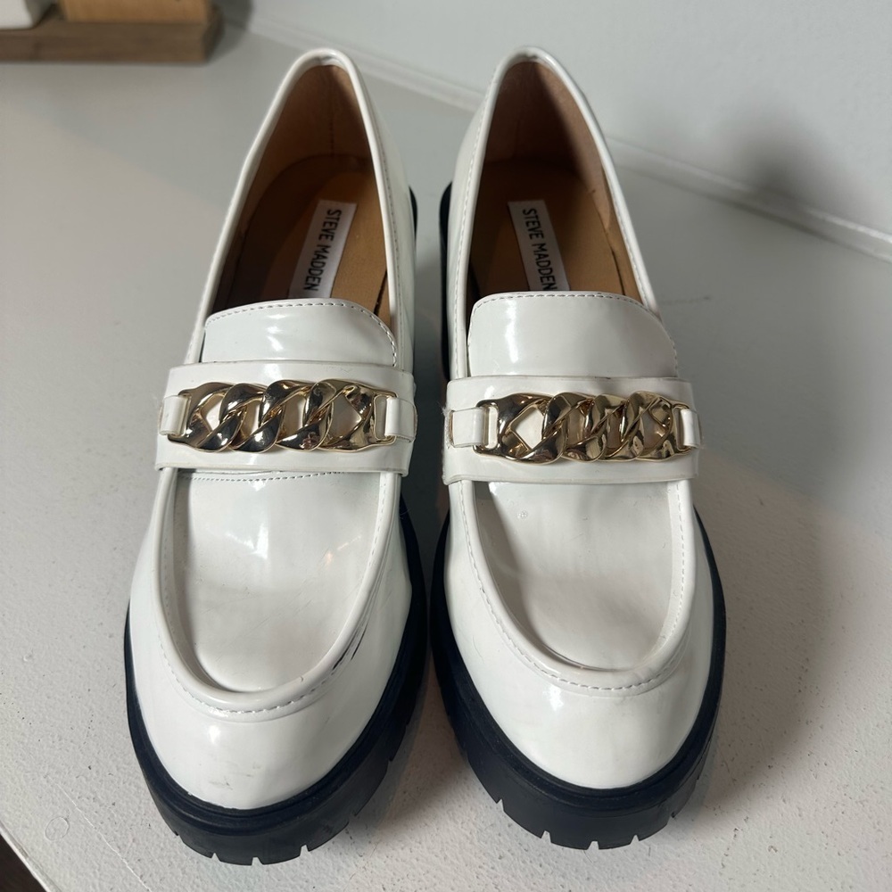 Steve Madden White Platform Loafers Women’s Size 10 Chunky Heel Chain Detail - Picture 3 of 10